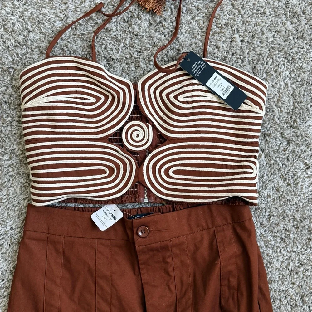 Women's High-Waist Wide Leg Pants Set- Brown - Picture 4 of 6